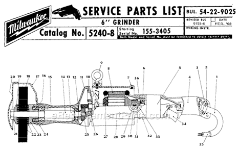 Page A Diagram and Parts List for 5240-8 SER 155-3405 Milwaukee Sander Grinder