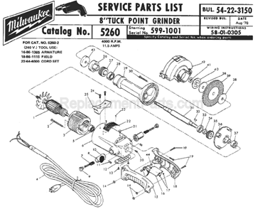 Page A Diagram and Parts List for 5260 SER 599-1001 Milwaukee Sander Grinder