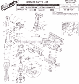 Page A Diagram and Parts List for 5313-55 SER 885B Milwaukee Demolition Hammer