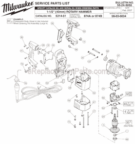 Page A Diagram and Parts List for 5314-51 SER 874A Milwaukee Demolition Hammer
