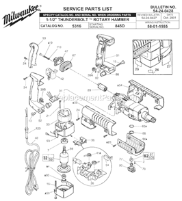 Page A Diagram and Parts List for 5316 SER 845D Milwaukee Demolition Hammer