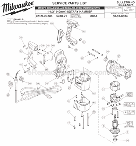 Page A Diagram and Parts List for 5318-21 SER 886A Milwaukee Demolition Hammer