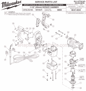 Page A Diagram and Parts List for 5318-21 SER 886B Milwaukee Demolition Hammer