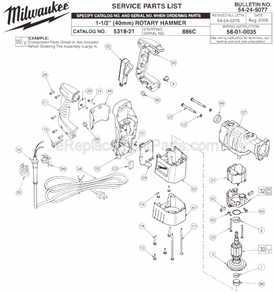 Page A Diagram and Parts List for 5318-21 SER 886C Milwaukee Demolition Hammer