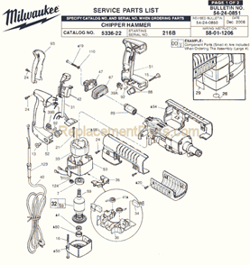 Page A Diagram and Parts List for 5336-22 SER 216B Milwaukee Demolition Hammer