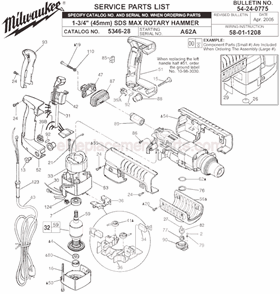 Page A Diagram and Parts List for 5346-28 SER A62A Milwaukee Demolition Hammer