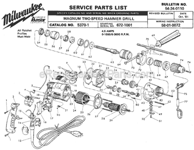 Page A Diagram and Parts List for 5370-1 SER 672-1001 Milwaukee Demolition Hammer