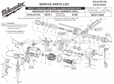 Page A Diagram and Parts List for 5370-1 SER 672E Milwaukee Hammer Drill