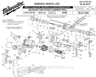 Page A Diagram and Parts List for 5371-21 SER 408B Milwaukee Hammer Drill