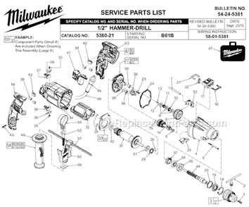 Part Location Diagram of 28-14-5380 Milwaukee Gearcase Assembly