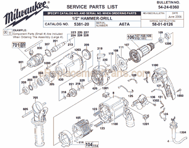 Page A Diagram and Parts List for 5381-20 SER A67A Milwaukee Hammer Drill