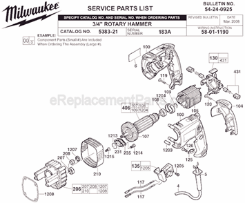 Page A Diagram and Parts List for 5383-21 SER 183A Milwaukee Demolition Hammer