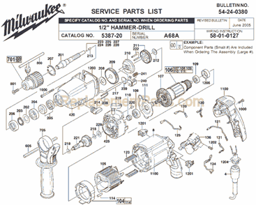 Page A Diagram and Parts List for 5387-20 SER A68A Milwaukee Hammer Drill