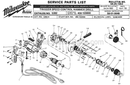 Page A Diagram and Parts List for 5392 SER 456-103000 Milwaukee Electric Drill