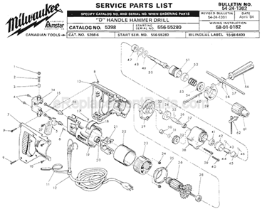 Page A Diagram and Parts List for 5398 SER 556-55280 Milwaukee Hammer Drill