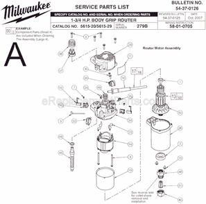 Page A Diagram and Parts List for 5615-29 SER 279B Milwaukee Router
