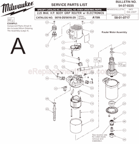 Page A Diagram and Parts List for 5616-20 SER A19A Milwaukee Router