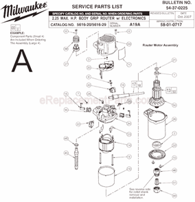 Page A Diagram and Parts List for 5616-29 SER A19A Milwaukee Router