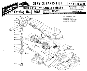 Page A Diagram and Parts List for 6085 SER 461-1151 Milwaukee Sander Polisher