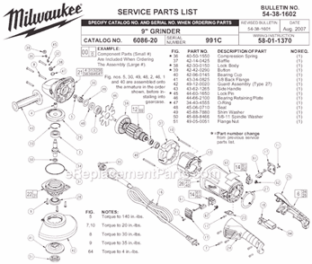 Page A Diagram and Parts List for 6086-20 SER 991C Milwaukee Sander Grinder
