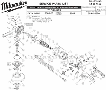 Page A Diagram and Parts List for 6088-20 SER 994A Milwaukee Sander Grinder