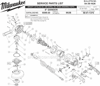 Page A Diagram and Parts List for 6089-20 SER 992B Milwaukee Sander Grinder