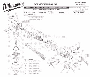 Page A Diagram and Parts List for 6089-30 SER B45A Milwaukee Sander Grinder