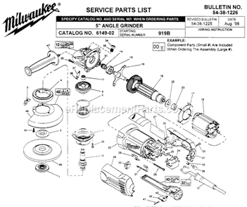 Page A Diagram and Parts List for 6149-02 SER 919B Milwaukee Angle Grinder
