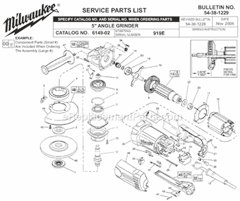 Page A Diagram and Parts List for 6149-02 SER 919E Milwaukee Angle Grinder