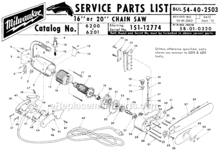Page A Diagram and Parts List for 6201 SER 151-12774 Milwaukee Chainsaw
