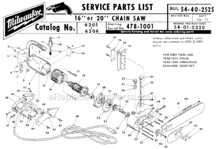 Page A Diagram and Parts List for 6205 SER 478-1001 Milwaukee Chainsaw