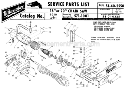 Page A Diagram and Parts List for 6211 SER 571-1001 Milwaukee Chainsaw