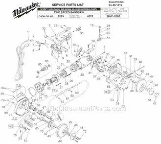 Page A Diagram and Parts List for 6225 SER 457F Milwaukee Band Saw