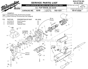 Page A Diagram and Parts List for 6246 SER 750-1001 Milwaukee Jig Saw