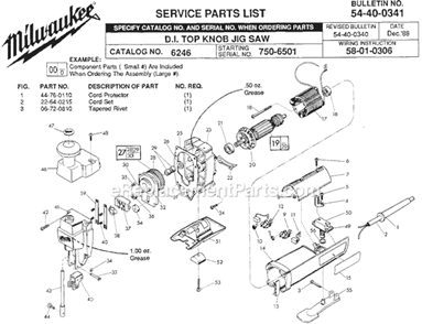 Page A Diagram and Parts List for 6246 SER 750-6501 Milwaukee Jig Saw