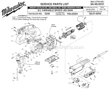 Page A Diagram and Parts List for 6256 SER 749-25501 Milwaukee Jig Saw