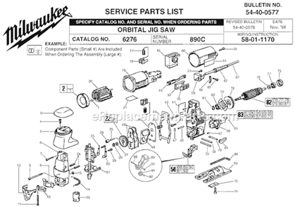 Page A Diagram and Parts List for 6276 SER 890C Milwaukee Jig Saw