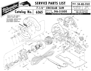 Page A Diagram and Parts List for 6365 SER 546-31000 Milwaukee Circular Saw