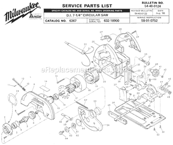 Page A Diagram and Parts List for 6367 SER 632-18900 Milwaukee Circular Saw