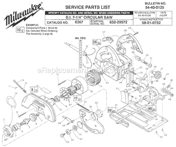 Page A Diagram and Parts List for 6367 SER 632-29572 Milwaukee Circular Saw