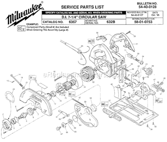 Page A Diagram and Parts List for 6367 SER 632B Milwaukee Circular Saw