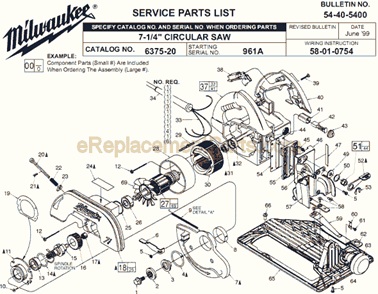 Page A Diagram and Parts List for 6375-20 SER 961A Milwaukee Circular Saw
