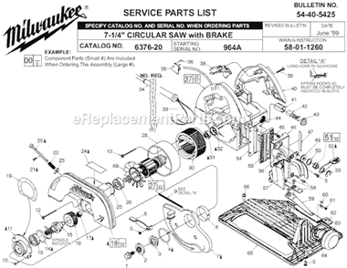 Page A Diagram and Parts List for 6376-20 SER 964B Milwaukee Circular Saw