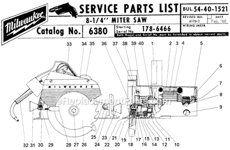 Page A Diagram and Parts List for 6380 SER 178-6466 Milwaukee Miter Saw
