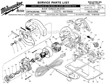 Page A Diagram and Parts List for 6405 SER 552-55000 Milwaukee Circular Saw