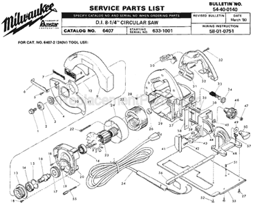 Page A Diagram and Parts List for 6407 SER 633-1001 Milwaukee Circular Saw