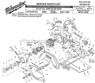 Page A Diagram and Parts List for 6407 SER 633-11501 Milwaukee Circular Saw