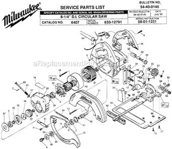 Page A Diagram and Parts List for 6407 SER 633-12791 Milwaukee Circular Saw
