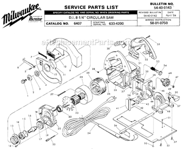 Page A Diagram and Parts List for 6407 SER 633-4200 Milwaukee Circular Saw