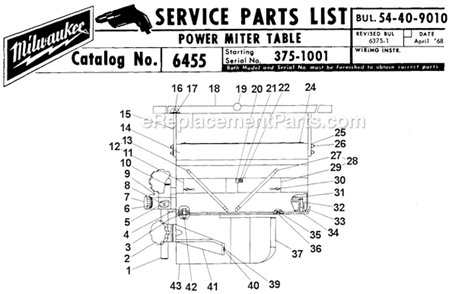 Page A Diagram and Parts List for 6455 SER 375-1001 Milwaukee Miter Saw